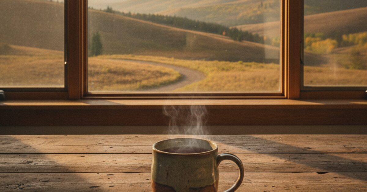 A mug of tea on a wooden table beside a window overlooking rolling foothills in morning light