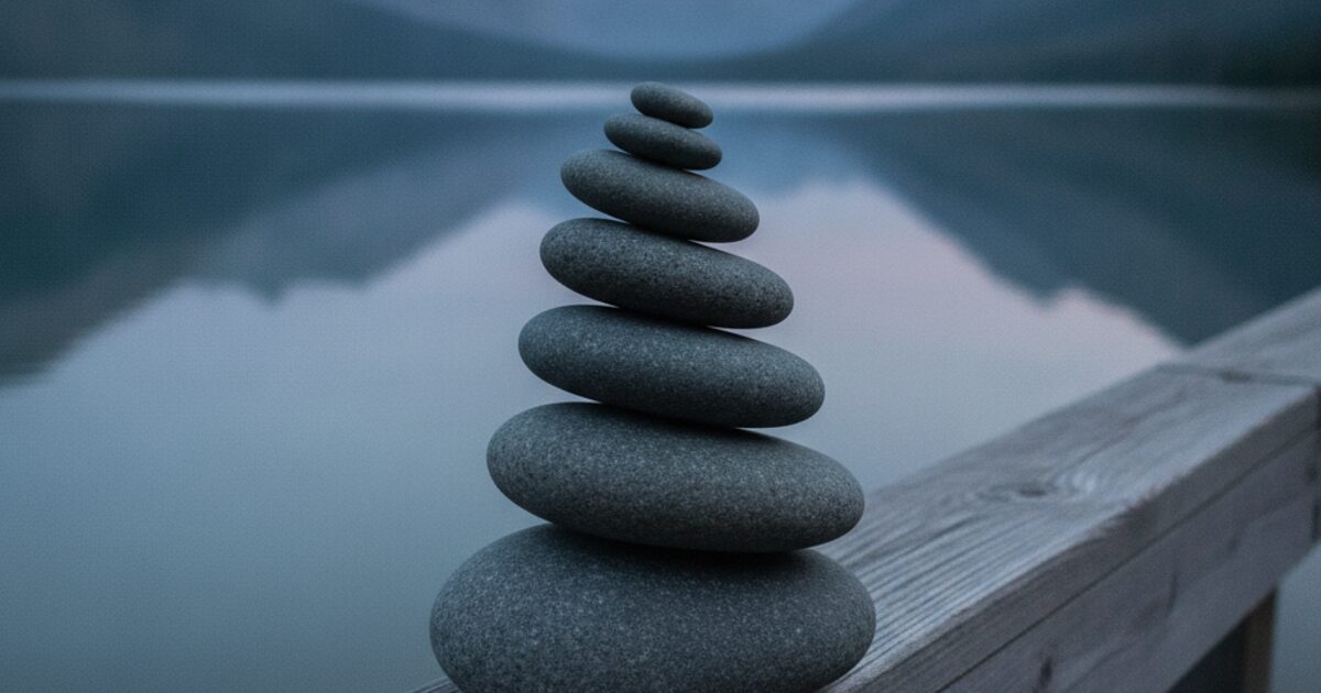 A stack of smooth stones balanced on a wooden railing beside a calm mountain lake at dusk