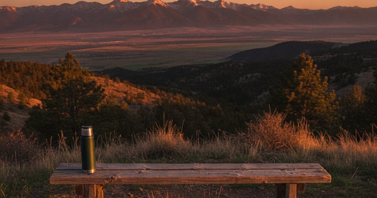 An empty wooden bench and a thermos at a quiet Colorado foothills overlook at sunset